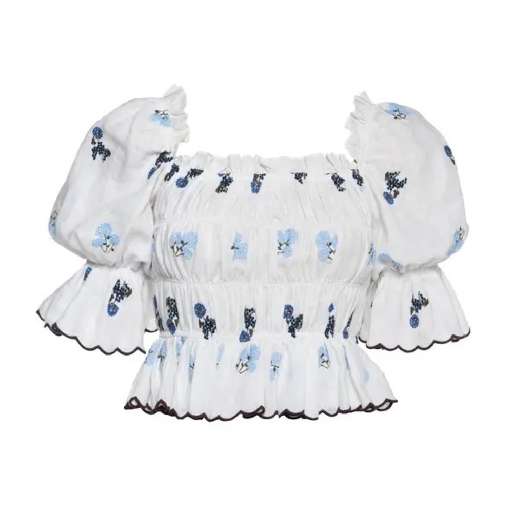Lug Von Siga Floral Embroidered White Puff Sleeve Linen Crop Top NWOT